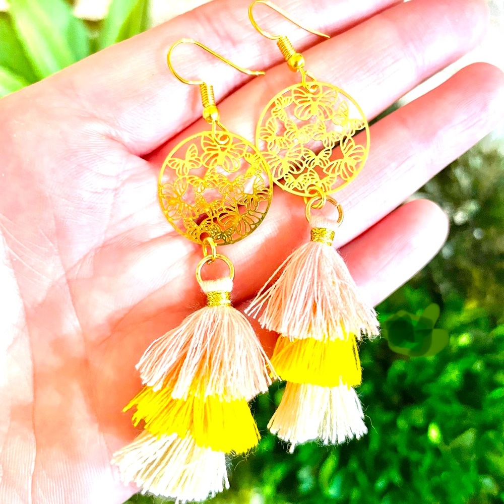 Gold Butterfly Tassel Earrings
